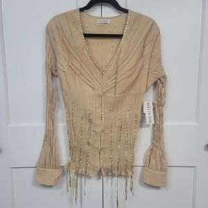 Vtg Kaelyn Max Beaded Crinkle Pleated Blouse Boho Fairycore Y2k